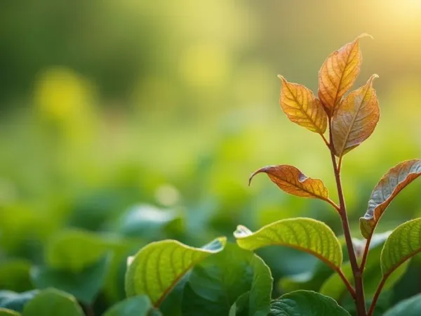 Pflanze mit braunen, vertrockneten Blättern zwischen grünen Blättern in einem Gartenbeet bei weichem Licht