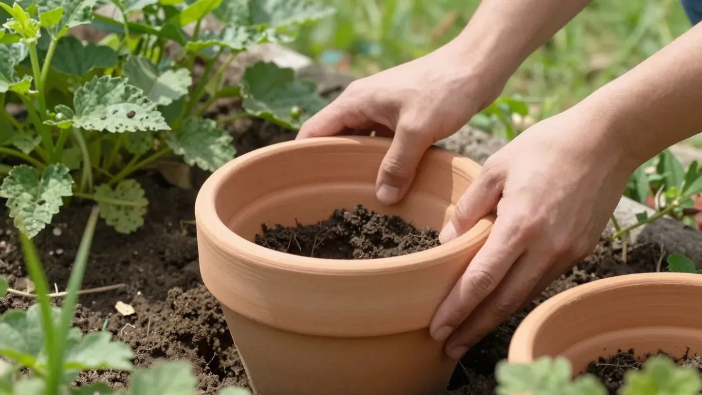 Hände setzen Ollas in einen Garten