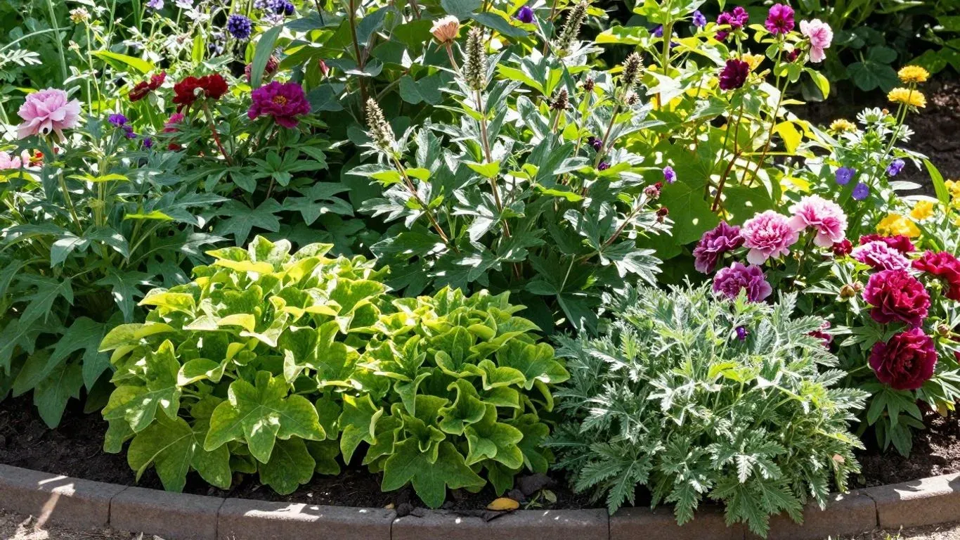 Pflegeleichtes Staudenbeet mit bunten Blumen und Grünpflanzen.