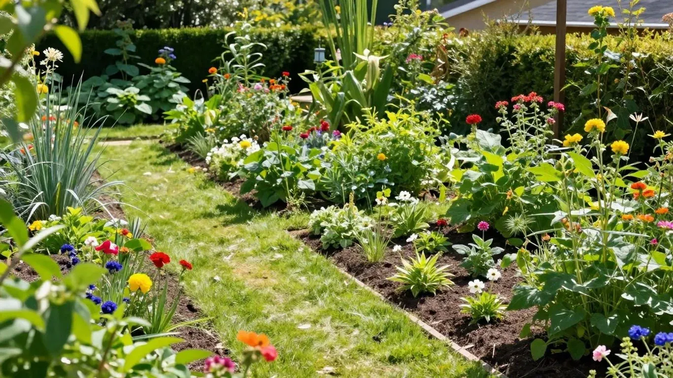 Gepflegter Garten mit ordentlichen Beeten und Wegen.