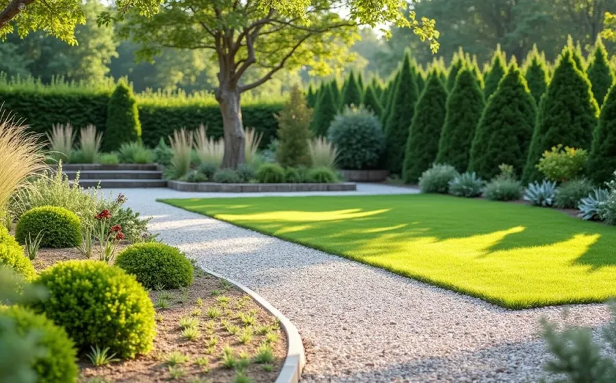 Moderner pflegeleichter Garten mit Kieswegen, Ziergräsern, immergrünen Sträuchern und klarer Rasenfläche