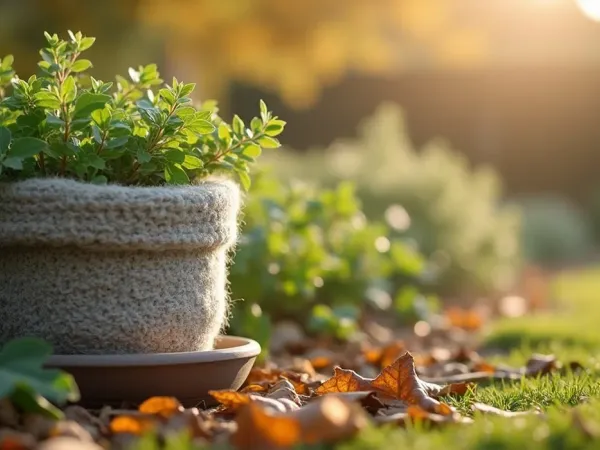 Garten im Spätherbst, Staudenbeet wird mit Laub abgedeckt, Topfpflanze in Vlies gehüllt, kaltes Licht