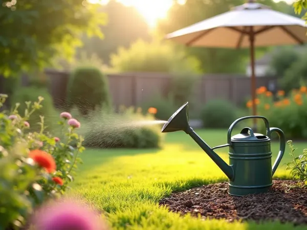 Garten in Mittagshitze mit leicht welken Stauden, gemulchten Beeten und Gießkanne im Schatten eines Sonnenschirms