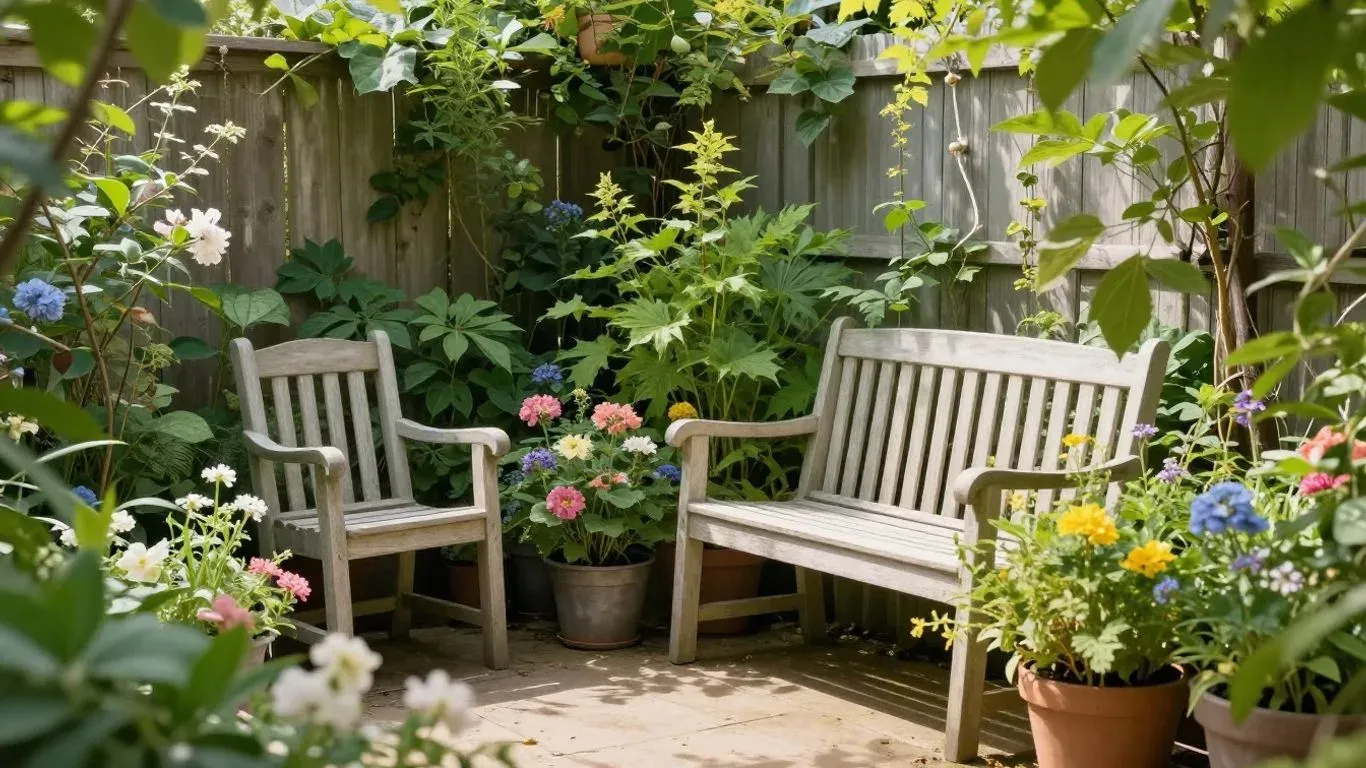 Gemütliche Sitzecke im kleinen Garten mit Blumen.