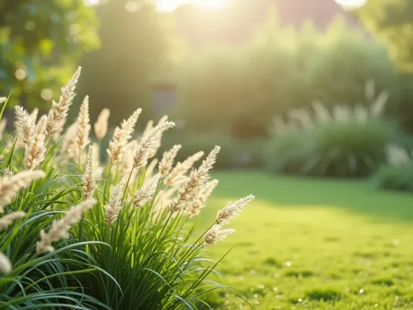 Windiger Garten mit Ziergräsern und biegsamen Sträuchern, die sich im Wind neigen, Küstenatmosphäre