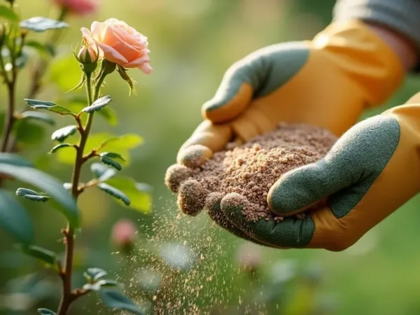 Behandschuhte Hände streuen organischen Dünger in Körnerform um einen Rosenstrauch im Beet