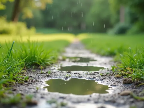 Rasen mit abgenutztem, verdichtetem Pfad und Pfützen nach Regen, niedrige Perspektive, graues Licht