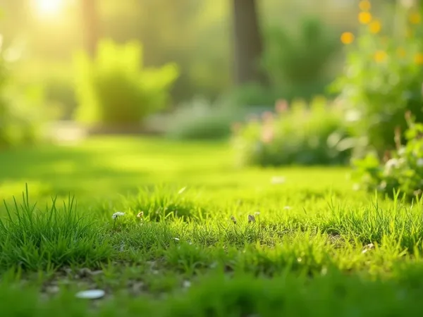 Rasenfläche mit kahlen Stellen neben gesundem Gras aus niedriger Perspektive bei weichem Licht