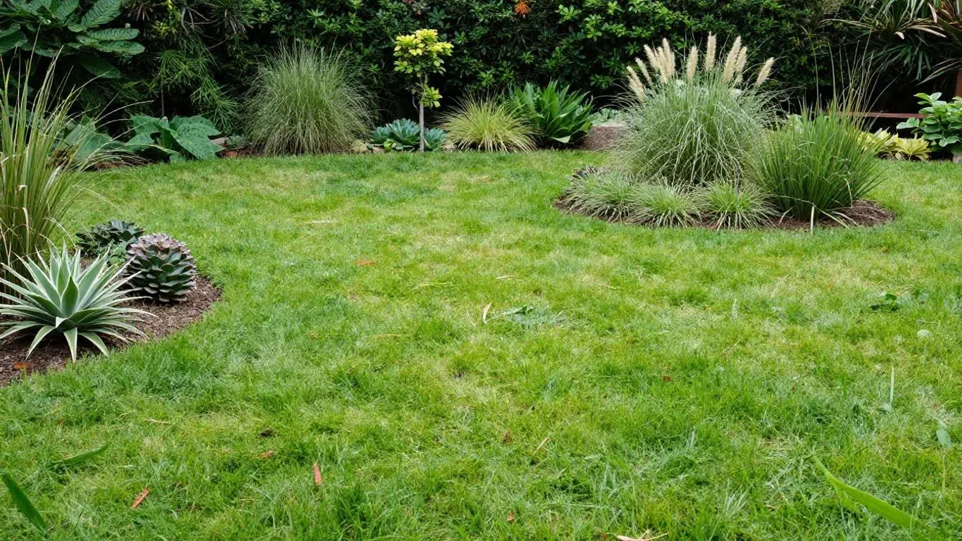 Grüner Rasen mit pflegeleichten Pflanzen im Garten