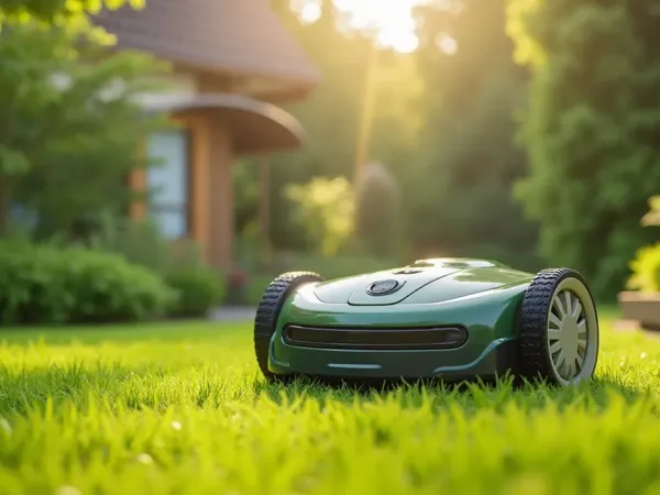 Mähroboter auf gepflegtem grünen Rasen, angrenzendes pflegeleichtes Beet, spätes Nachmittagslicht