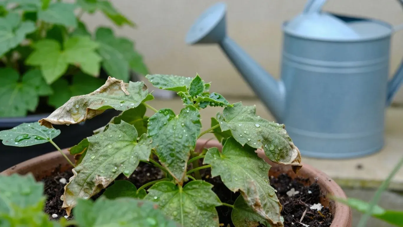 Vertrocknete Pflanze im Garten wird gegossen