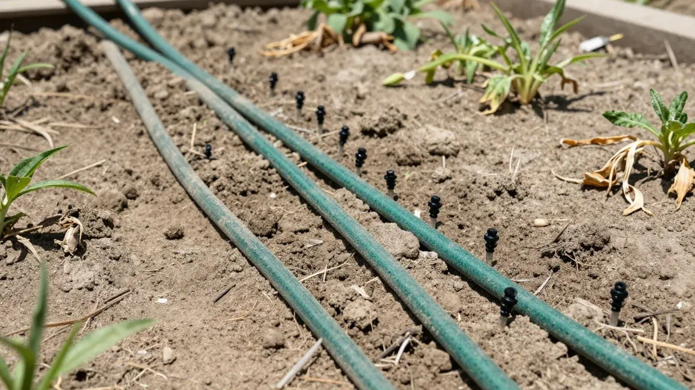 Garten mit Tropfschläuchen zur Wassereinsparung