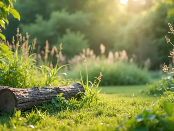 Wilde Gartenecke mit Brennnesseln, hohen Gräsern, Totholzhaufen und Wildblumen im weichen Licht